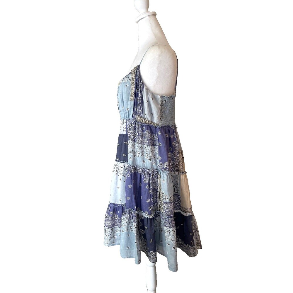 Lucky Brand Babydoll Tiered Dress Sz L Boho Festival Y2K Blue Patchwork Cotton - Picture 8 of 16